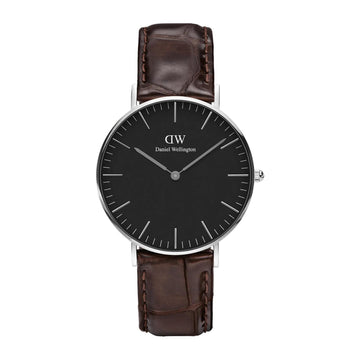 Ρολόι Daniel Wellington York DW00100146 με καφέ δερμάτινο λουράκι, μαύρο καντραν, μηχανισμό μπαταρίας και στρογγυλό σχήμα με διάμετρο 36mm αδιάβροχο στις 3ΑΤΜ-30Μ.